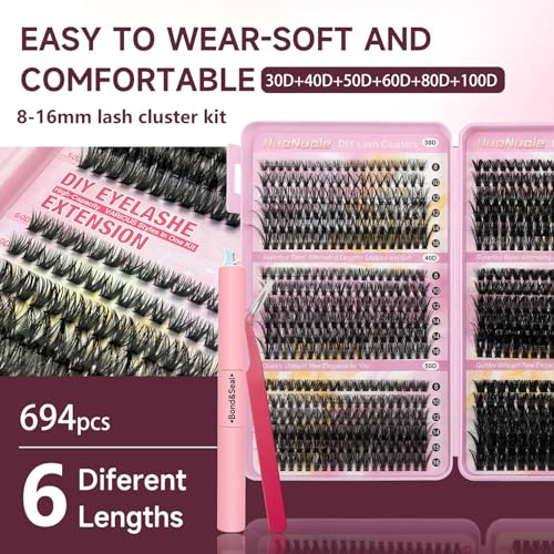 NuoNuole 694pcs Lash Extension Kit with 30D-100D Clusters & Tweezers