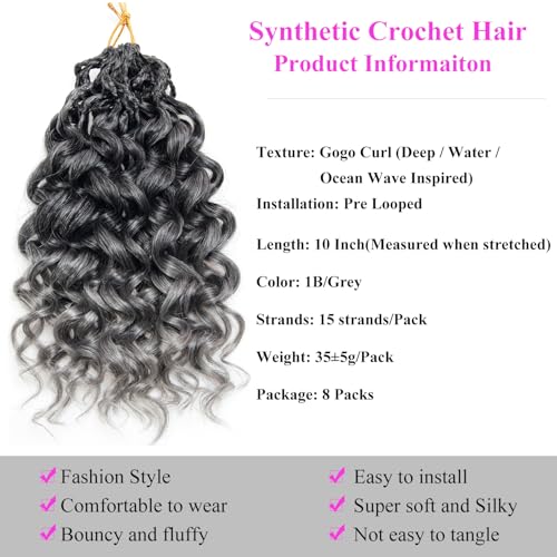 Pre Looped GoGo Curl Crochet Hair 10 Inch 1B/Grey - 8 Packs