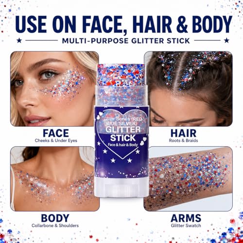 Patriotic Red White and Blue Hair Glitter Stick, 4th of July Accessories, AmericaFlag Face Body Glitter for Fourth of July Outfits Women, Waterproof Glitter Makeup for Independence Day Anniversary