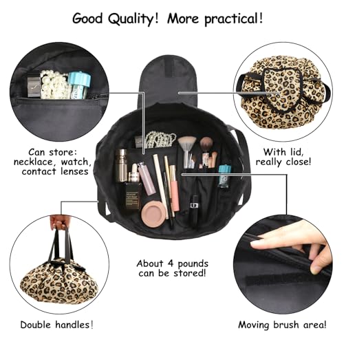 SUMBABO Leopard Drawstring Makeup Bag with Brush Holder, Travel Cosmetic Organizer