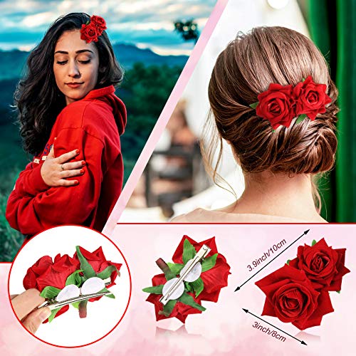 Red Rose Hair Clips Set - 6 Floral Hairpins for Women