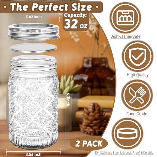 32oz Glass Mason Jars with Airtight Stainless Steel Lids - 2-Pack