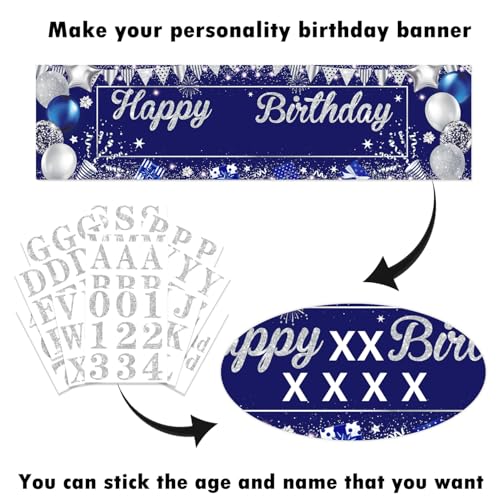 Personalized Blue Silver Birthday Banner with Custom Name & Age
