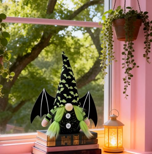 Green Bat Gnome Plush Decoration - Halloween Table Decor