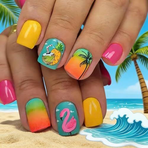 24PCS Tropical Press On Nails - Summer Flamingo & Pineapple Design