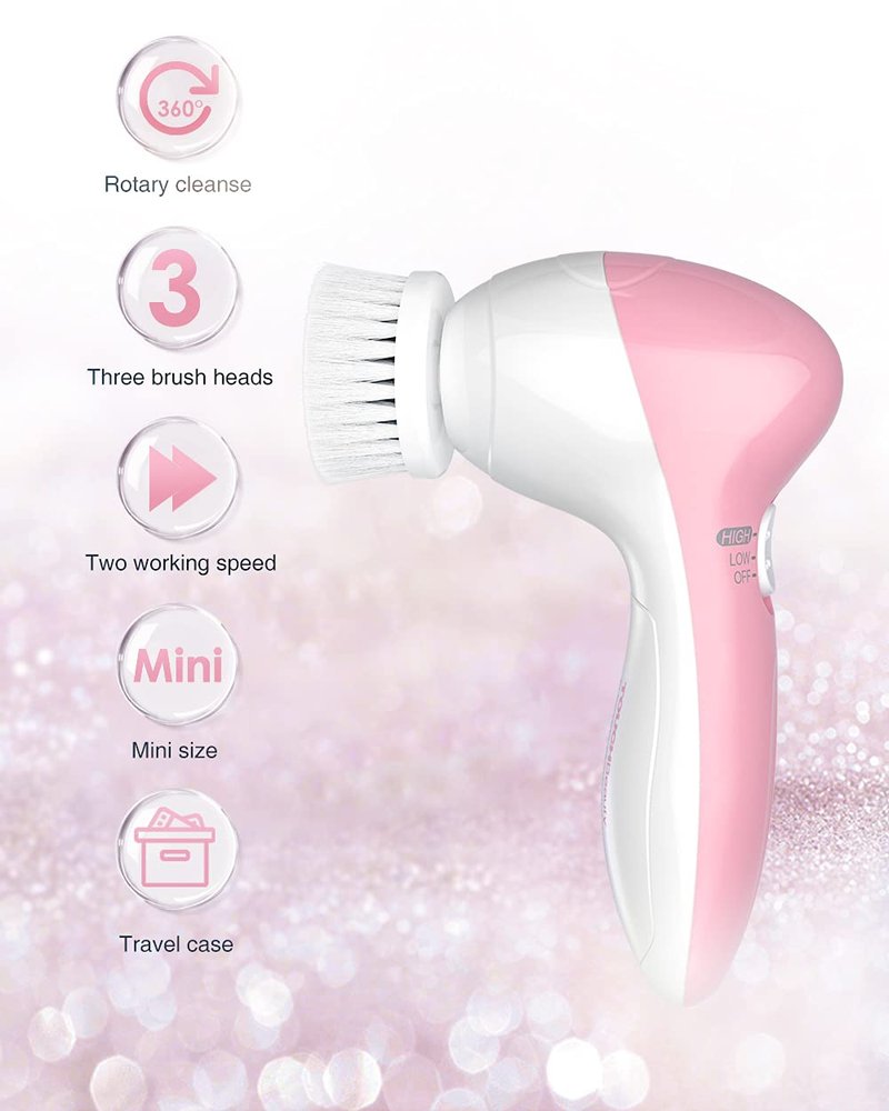 Facial Cleansing Brush for Women, 3-in-1 Face Cleanser and Exfoliator Brush with 3 Brush Heads, 2 Speeds, Battery Operated Waterproof Spin Brush, Portable Travel Case, Perfect Valentine's Day (Green)