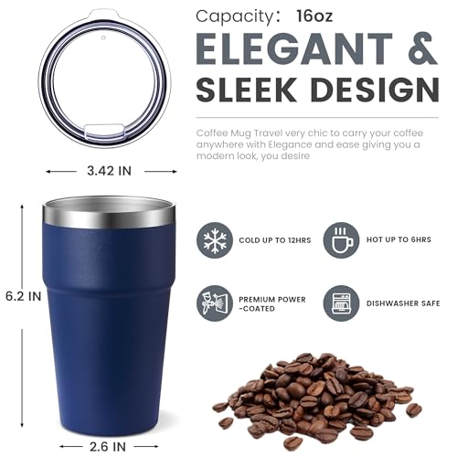 MEWAY 16oz Stainless Steel Insulated Travel Tumbler with Lid - Navy