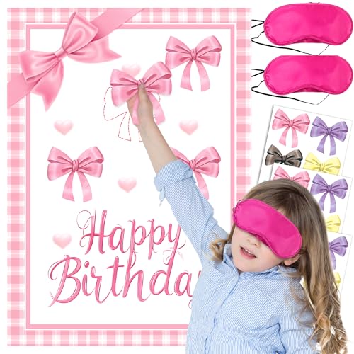 Pin The Bow Party Game Set - Pink Poster & Stickers for Kids
