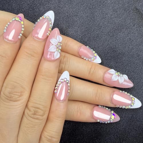 GLOVZBEYI XiaoZ S Handcrafted Almond-Shaped Press-On Nails for Summer, 10PCS Pink Floral Short Fake Nails