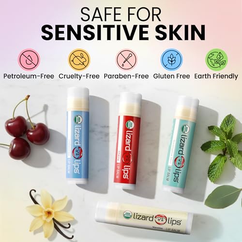 LizardLips Lip Balm Set of 4 – Vanilla, Cherry, Eucalyptus Mint & Unflavored USDA Organic