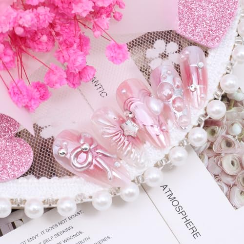 Pink Heart Bow Star-4 Medium Almond Press On Nails with Rhinestones & Pearls, Valentines Fake Nails Set