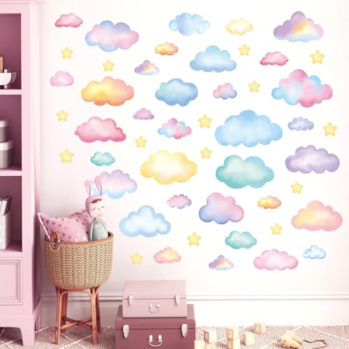 Soft Pastel Watercolor Cloud and Star Wall Stickers for Nursery