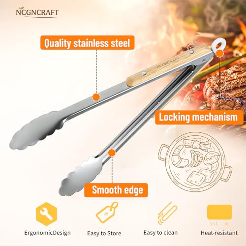 Stainless Steel Kitchen Tongs Set with Oak Wood Handle - 9" & 12"