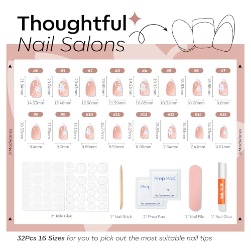 Modelones D3-Starfish French Almond Press-On Nails Short Fake Nails with Adhesive Kit