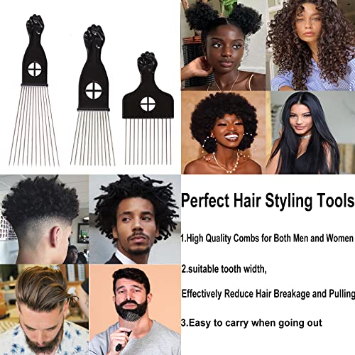 COOKOO 3 Pack Metal Afro Hair Combs - Wide Tooth Picks for Curly Hair