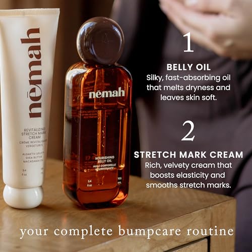 Nemah Stretch Mark Cream And Belly Oil For Pregnancy, Pregnancy Stretch Mark Routine, Algaktiv UpLift Cream With Shea Butter Macadamia Oil Plus Quick Dry Jojoba Coconut Hemisqualane Oil, 2 Piece Set
