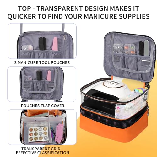 Beloving Orange Nail Polish Organizer Bag - Double Layer, Holds 30 Bottles & Nail Dryer