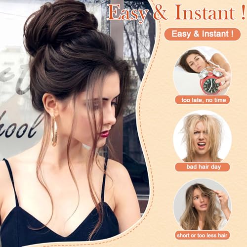 Women Hairpieces 2PCS Wavy Curly Messy Bun Extensions Brownish Black-4