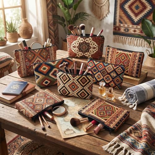 Kilim Cosmetic Bag Set - 9 Vintage Boho Makeup & Toiletry Bags for Women