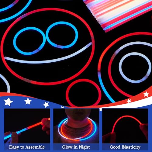 JOYIN 100 Pcs 4th of July Glow Sticks & Connectors - Red, White, Blue