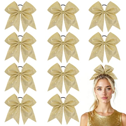 10-Pack Jumbo 7-Inch Gold Glitter Cheer Bows with Elastic Hair Ties