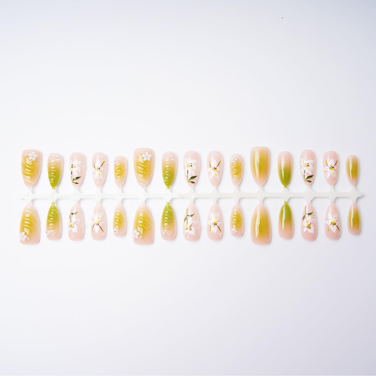 30Pcs Summer Press on Nails Almond Medium Fake Nails Lily Flower False Nails with Designs Glossy Reusable Acrylic False Nails Green Gradient Stick on Nails Cute Floral Artificial Nails Set for Women