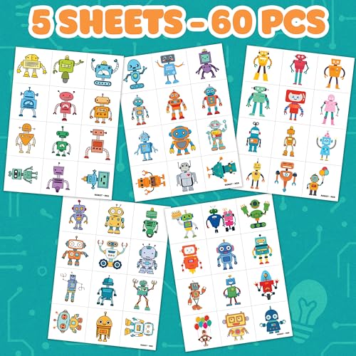 Cute Robot Temporary Tattoos for Kids - 60 PCS Pre-Cut Stickers