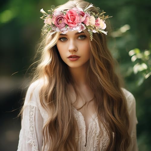 Rosy Floral Crown Headband - Boho Flower Halo Hair Piece (Style I)