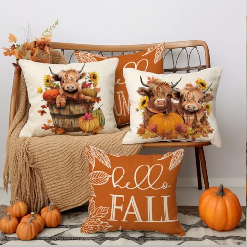 Highland Cow Fall Pillow Covers Set of 4 - 20x20 Inch Decorative Cases