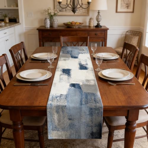 Blue and White Abstract Table Runner - 13x72 Inch Polyester Home Decor