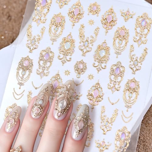 HPYFOI Style-10 Gold Nail Stickers with Gemstone & Filigree Design, Self-Adhesive 3D Nail Art Decals for Women & Girls