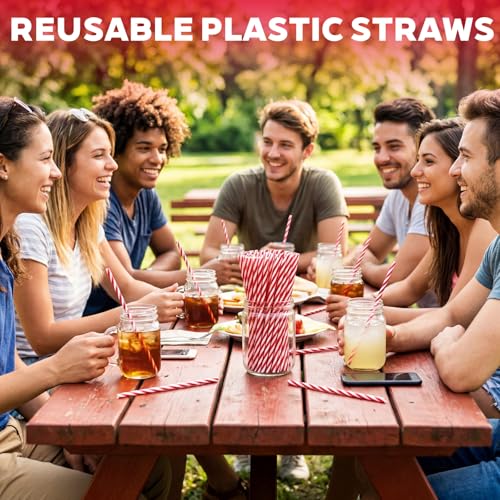 Honeydak 50 Pcs Red and White Stripe Reusable Drinking Straws