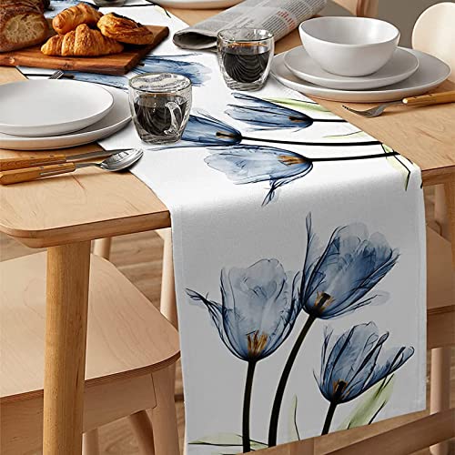 Floral Linen Table Runner - Tulip Blue, 13x72 Inch for Dining Decor