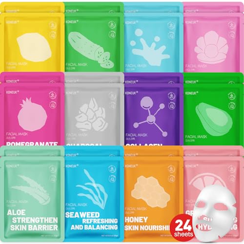KONEUK 24 Pack Face Masks Set - Hydrating, Soothing Skincare with 12 Types - B-24 Pack