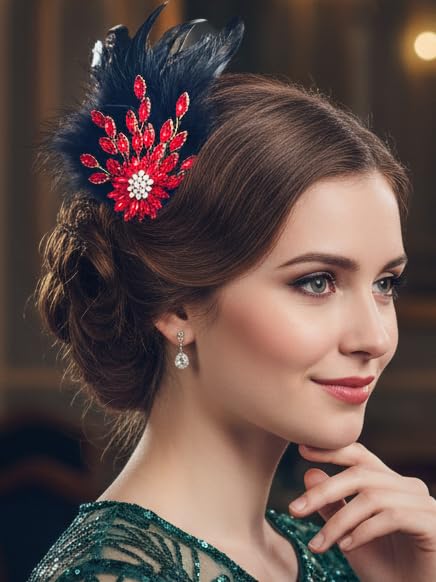 1920s Black Feather Fascinator with Red Crystal Flower for Formal Evening Events