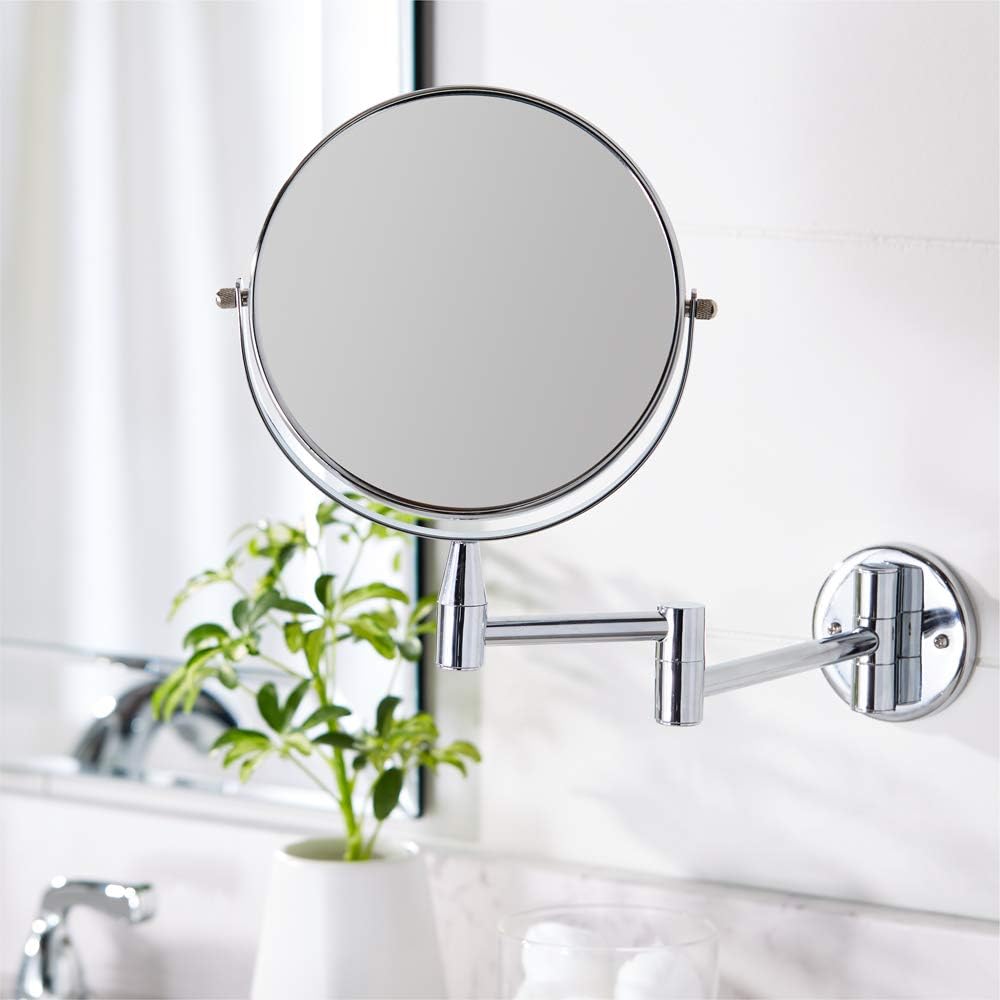 Round Wall Mount Vanity Mirror - 360° Rotation, Double-Sided, 1X/5X Magnification | 12.8"L x 10"W, Chrome Finish