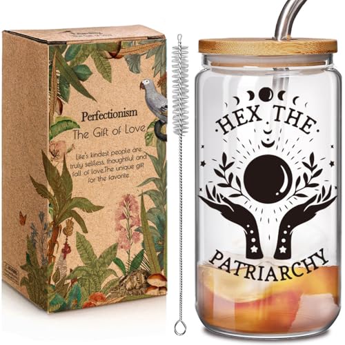Hex the Patriarchy 16 oz Glass Cup with Lid & Straw - Feminist Gift