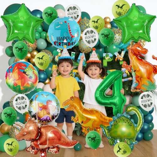 Dinosaur 4th Birthday Party Decorations - Green Foil Balloons & Banner