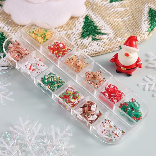 12 Grids Christmas Nail Art Charms Xmas 3D Resin Cute Santa Claus Elk