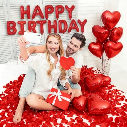 Romantic Birthday Balloon Set with Red Heart Balloons & Rose Petals