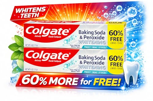 Colgate Whitening Toothpaste Frosty Mint Stripe 4oz Pack of 2 - Baking Soda & Peroxide Formula, Bonus Tube