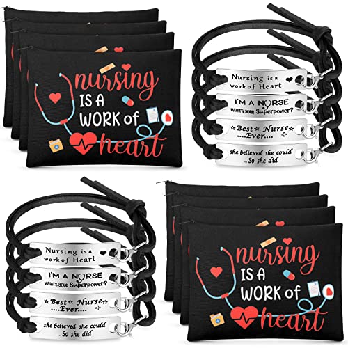 Stylish Nurse Appreciation Gifts Set - 8 Makeup Bags & 8 Bracelets for Nurses, Graduation, Nursing Week