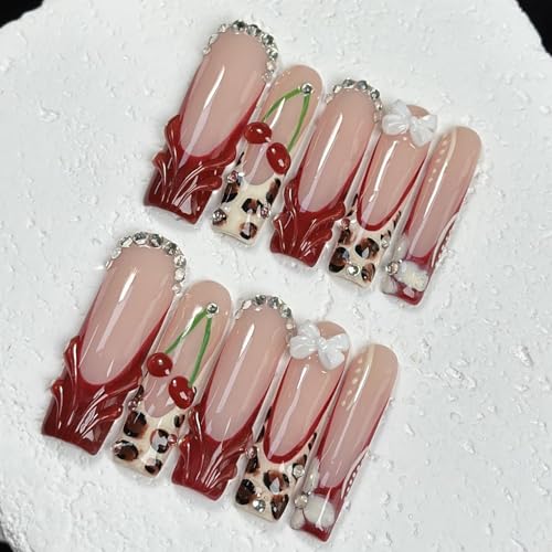 RIICFDD Styl 2 Long Press Square Leopard Print Fake Nails with Glue Set