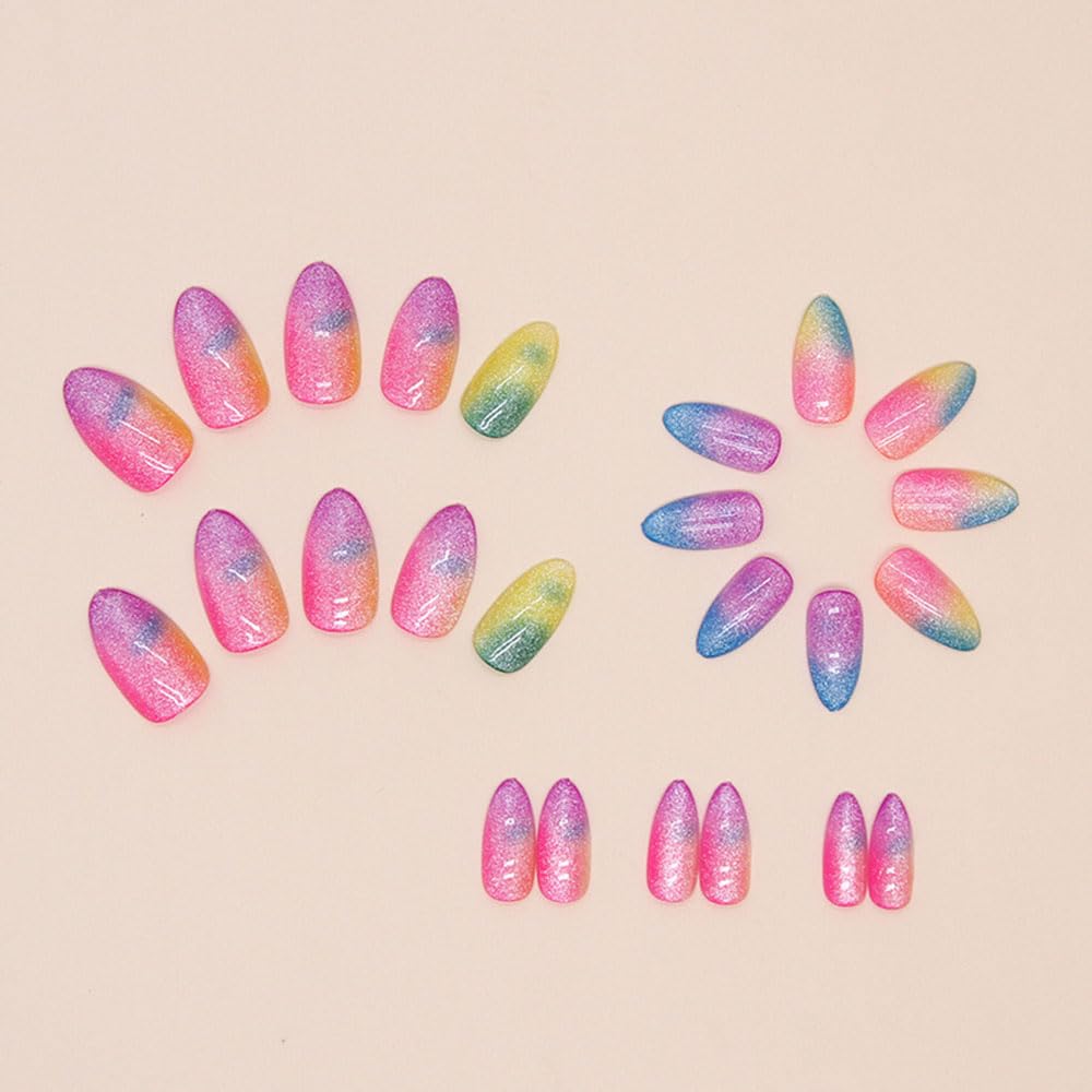 Colorful Cat Eye Press-On Nails - 24 Pcs Short Almond Acrylic Tips | Rainbow Glitter Design