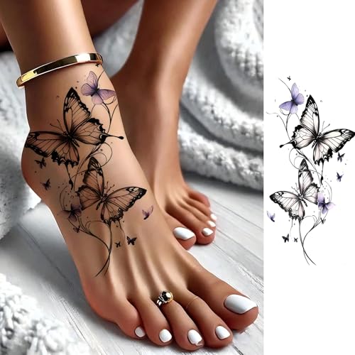 12 Sheets Beautiful Butterfly Flowers Temporary Tattoos For Women Feet Hands Body Art, Realistic Rose Peony Floral Fake Tattoo Sticker For Legs Ankle, Waterproof Lily Dreamcatcher Temp Tatoos Decals