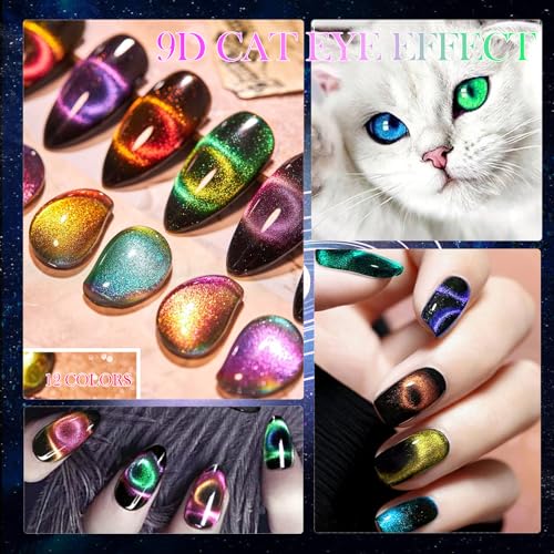YEPYEPGO 9D Cat Eye Gel Nail Polish Set - 12 Colors with Magnet Stick