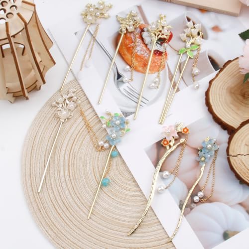 SyhirNmly 8 Gold Japanese & Chinese Hair Sticks with Butterfly Flower Design & Pearl Tassels