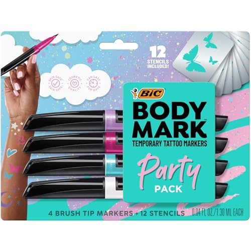BIC BodyMark Temporary Tattoo Markers - Party Pack with 12 Stencils (4 Count)