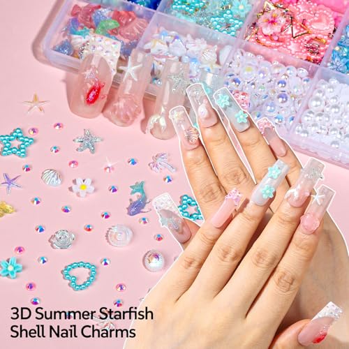 FAMDAMEI Summer Nail Charms Kit – Ocean 24 Grids with Mermaid, Starfish, Seashell Gems, 3D Rhinestones, Gold Pearls (Gold/White AB/Blue) – Nail Art Accessories