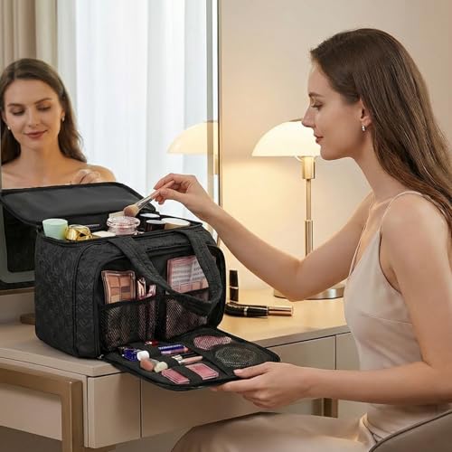 SMONT 11.5" Large Travel Toiletry Bag for Women, Waterproof Makeup & Cosmetic Organizer, Black